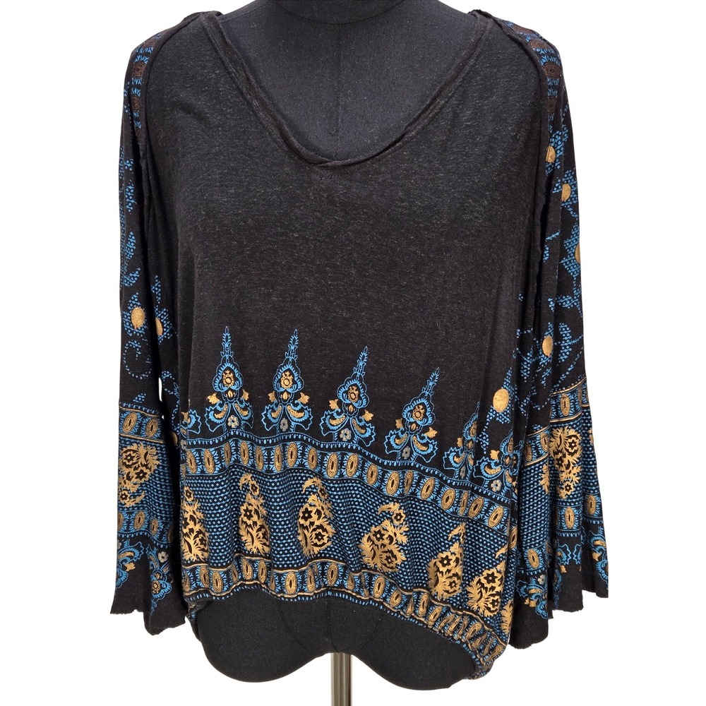 Women's Free People Medium Black Boho Border Print Bell Sleeve V-Neck Top